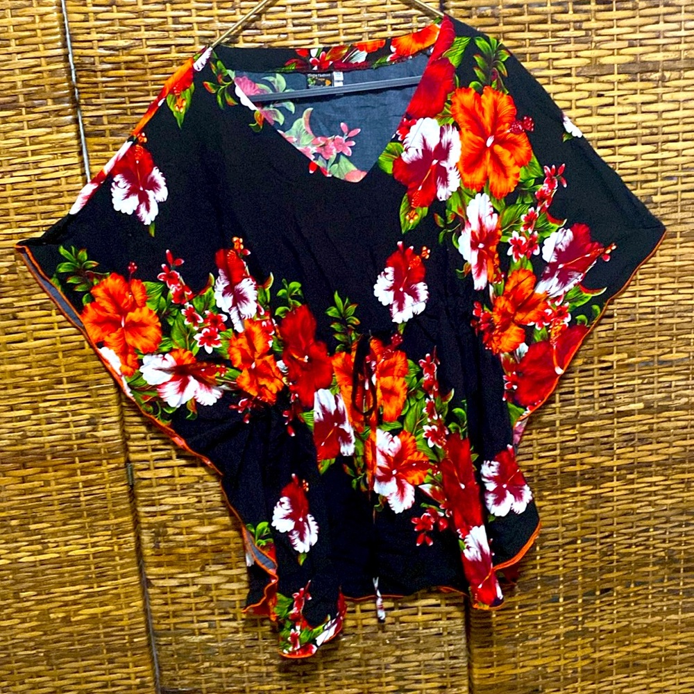Vintage Aloha fashion Coverup tunic Floral red orange Black Hibiscus One Size